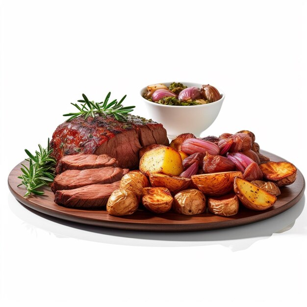 Een schaal met vlees en aardappelen met daarop een schaal rode uien.
