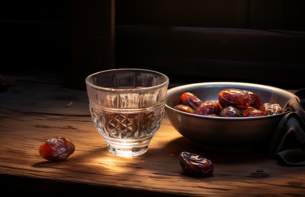 Een schaal met water en dadels die gewoonlijk wordt gebruikt om te vasten tijdens de ramadan.