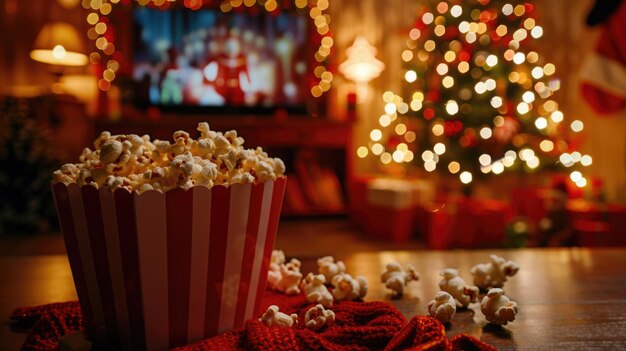 Foto een schaal popcorn op een tafel voor een kerstboom perfect voor feestvieringe