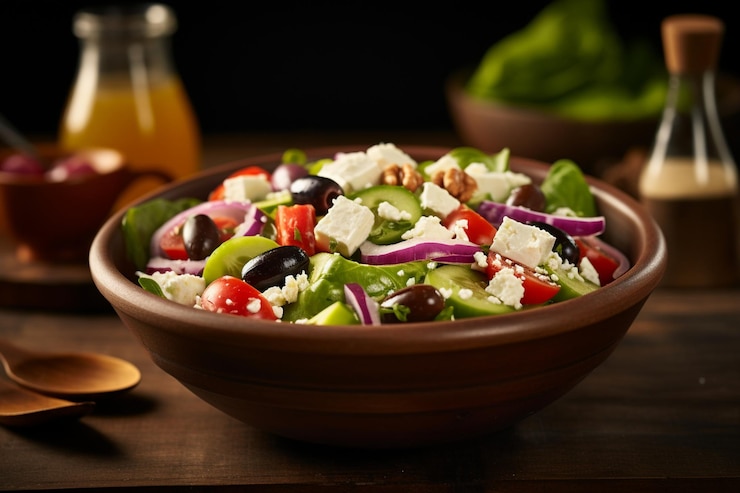 Foto een schaal salade met een fles sinaasappelsap naast een schaal salad
