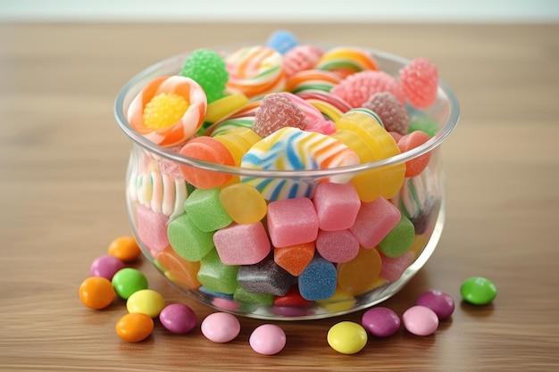 Een schaal snoep met kleurrijke snoepjes op tafel