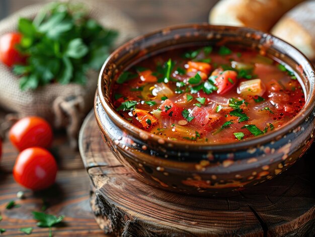 een schaal soep met groenten en een schaal soup op een tafel