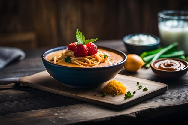 een schaal spaghetti met aardbeien en aardbeien op een houten tafel.