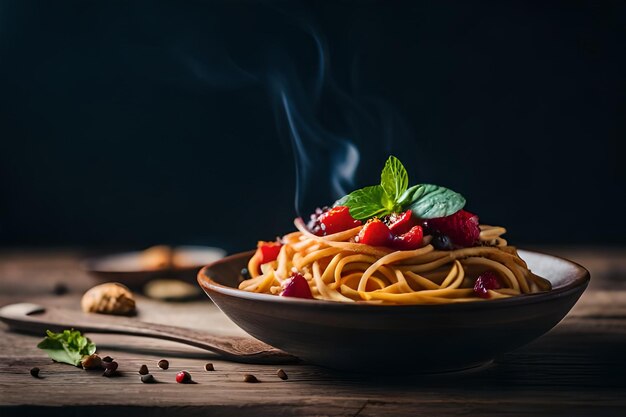 Een schaal spaghetti met aardbeien en chocolade op een houten tafel.