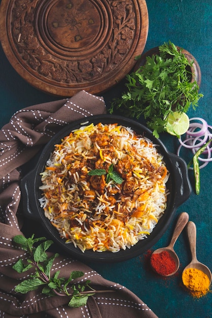 Een schaaltje biryani met daarnaast een houten lepel.