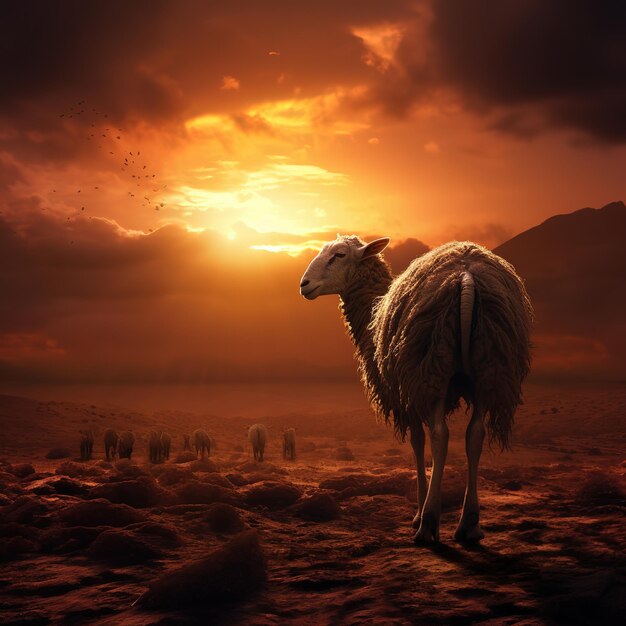 Foto een schaap dat in een veld staat met een zonsondergang op de achtergrond