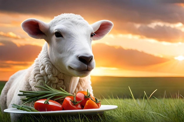 Een schaap dat tomaten eet op een bord met een zonsondergang op de achtergrond