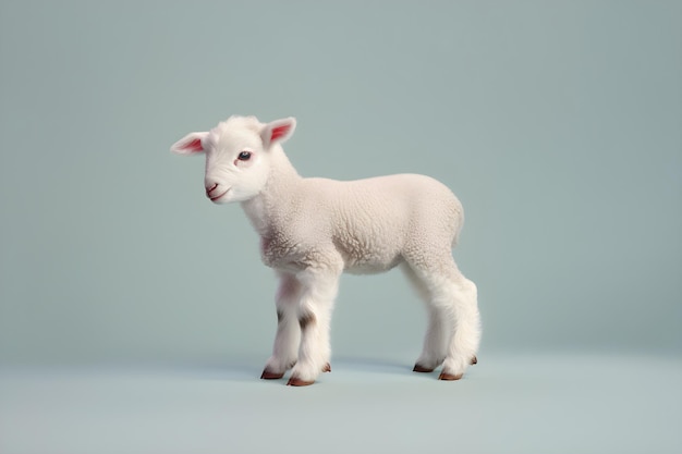 Een schaap dat voor een blauwe achtergrond staat