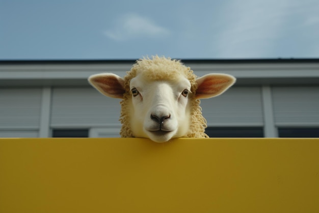 een schaap die achter een gele muur uitkijkt