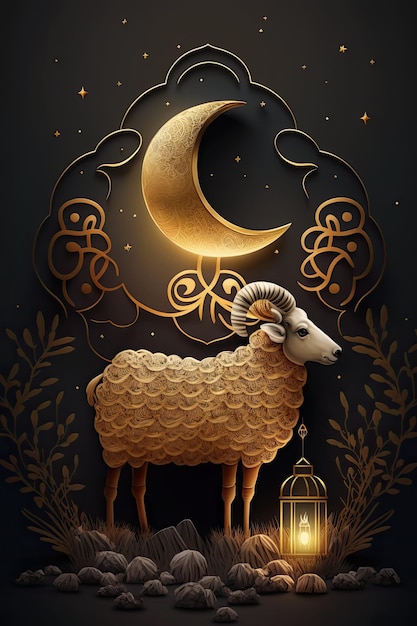 Een schaap en een maan met een gouden lijst.