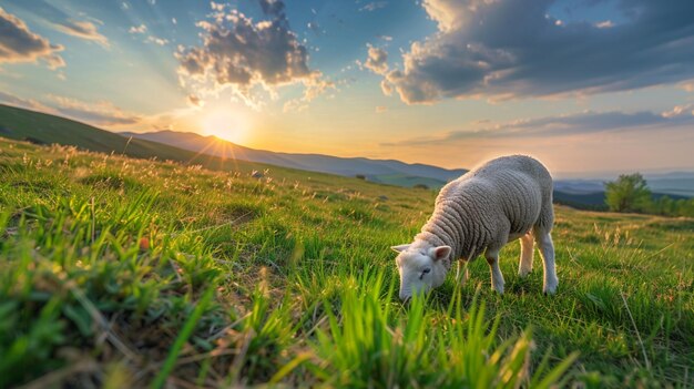 Foto een schaap graast in een veld met de zon achter zich