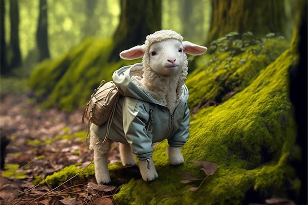Een schaap in een bos met een jas aan en een rugzak