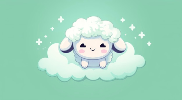 Een schaap met een blij gezicht zit op een wolk.