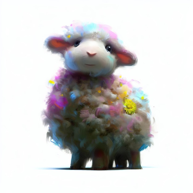 Een schaap met een gele bloem erop