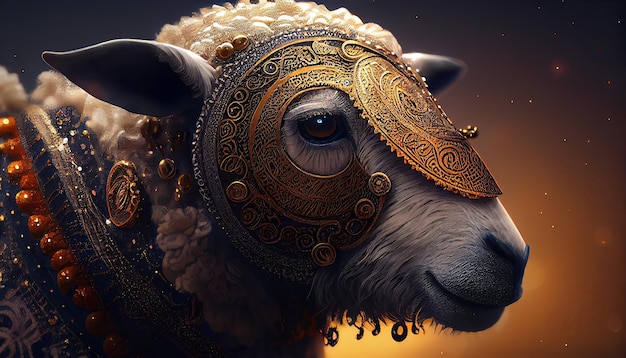 Een schaap met een gouden masker en een gouden ketting om zijn oog.