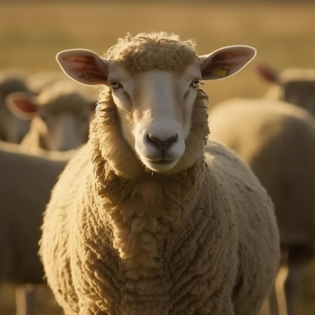 Een schaap met een label aan zijn oor kijkt naar de camera.