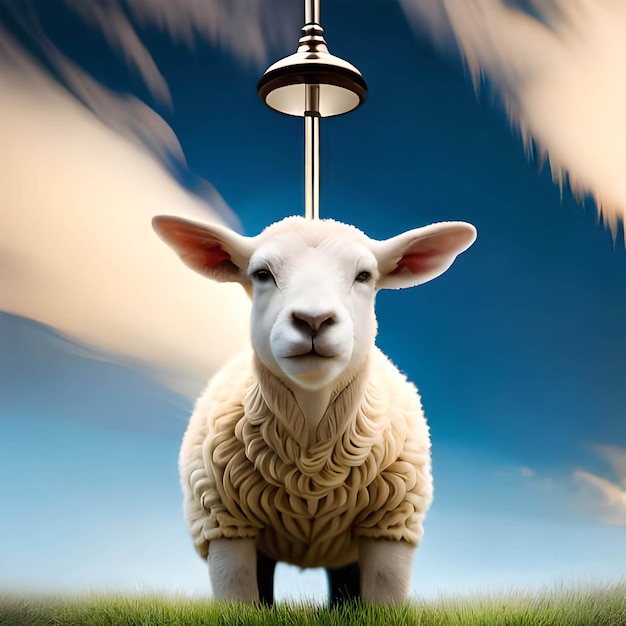 Een schaap met een lamp op zijn kop staat op een grasveld.