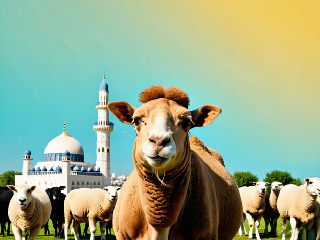 Een schaap met een sjaal om zijn nek staat voor een moskee op de achtergrond Eid ul Adha