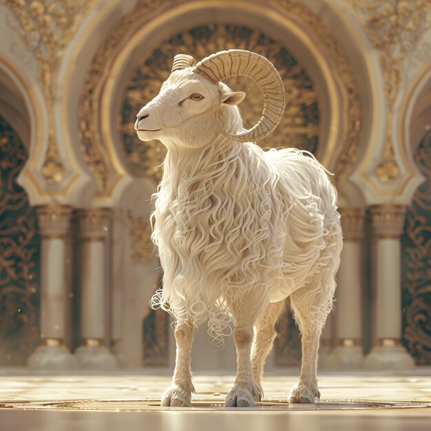 Foto een schaap met horens staat op een podium voor een gebouw