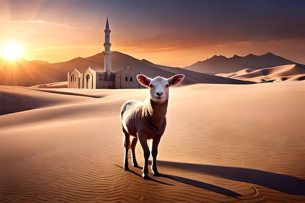 Een schaap staat in de woestijn met op de achtergrond een moskee