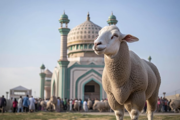 Een schaap staat voor een moskee in Egypte.