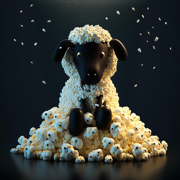 Een schaap zit op een stapel popcorn met de woorden popcorn erop.
