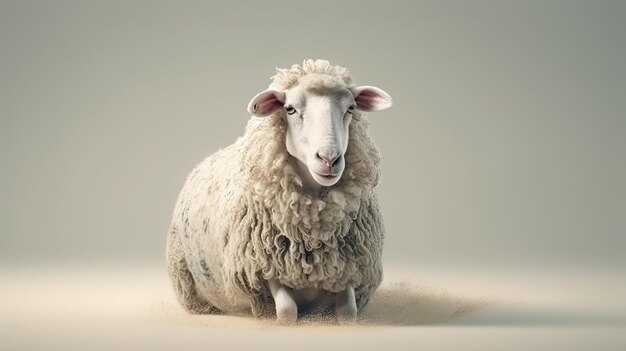 Een schaap zit op een witte achtergrond.