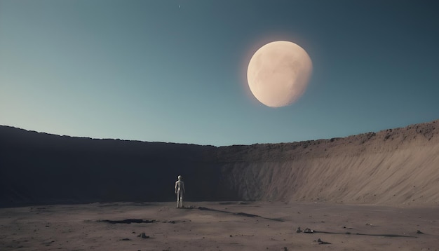 Foto een schaduw van een eenzame buitenaardse die aan de rand van een maankrater staat.