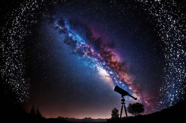 Een schaduw van een telescoop aan de nachtelijke hemel die de Melkweg ziet