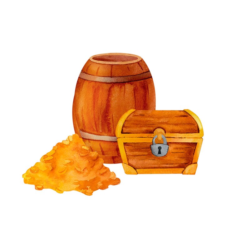 Foto een schatkist en een stapel glanzende gouden waterverfpatronen vangen de essentie van de buit van een kapers perfect voor piraten-thema feestdecoraties uitnodigingen of avontuurlijke illustraties