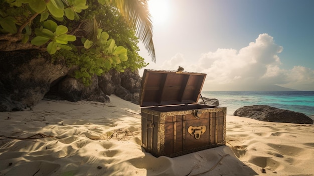 Een schatkist op een strand met een palmboom op de achtergrond.