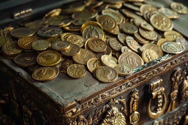 Een schatkist vol gouden munten.