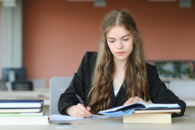 Een schattig 15-jarig schoolmeisje zit aan een schoolbank met notitieboekjes en boeken en studies