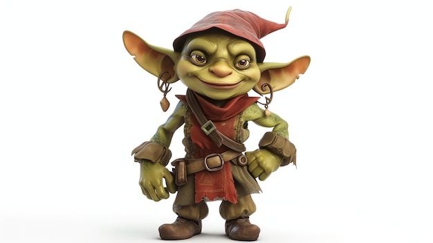 Een schattig 3D-goblin met een ondeugende glimlach klaar om harten te stelen. Perfect om charme toe te voegen aan fantasy-projecten.