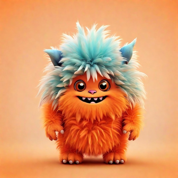 Een schattig 3D oranje cartoon pluizige monster personage geïsoleerd op kleur achtergrond