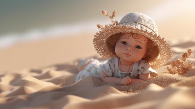 een schattig 3D-personage van een babymeisje dat op het zand ligt, gemaakt door generatieve AI