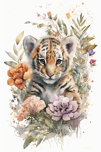 Foto een schattig adroble baby-tijger portret op witte achtergrond, omgeven door kleurrijke bloemen