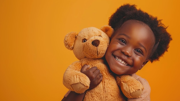 Een schattig Afrikaans meisje lacht met een teddybeer in de studio.