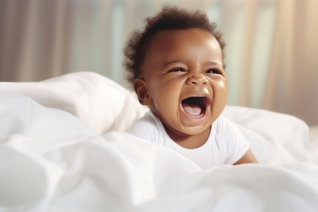 Een schattig Afro-Amerikaans peuter op een bed.