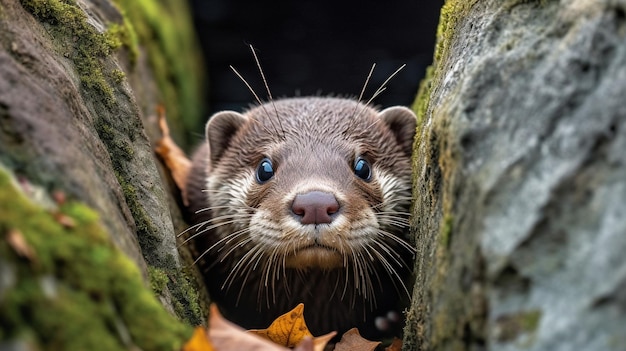 Een schattig beeld van twee otters die uit achter een rots gluren die schijnbaar bezig zijn met een speels spel