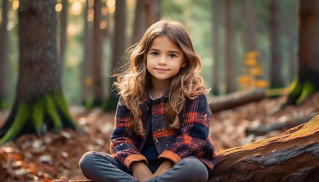 Een schattig blank meisje dat in het bos zit en gelukkig glimlacht.