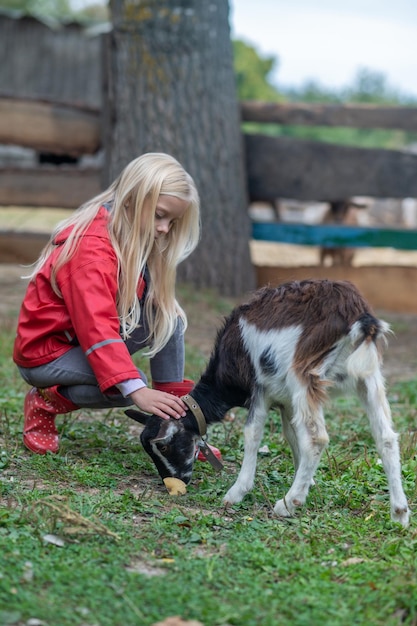 Een schattig blond meisje speelt met een geit op de boerderij