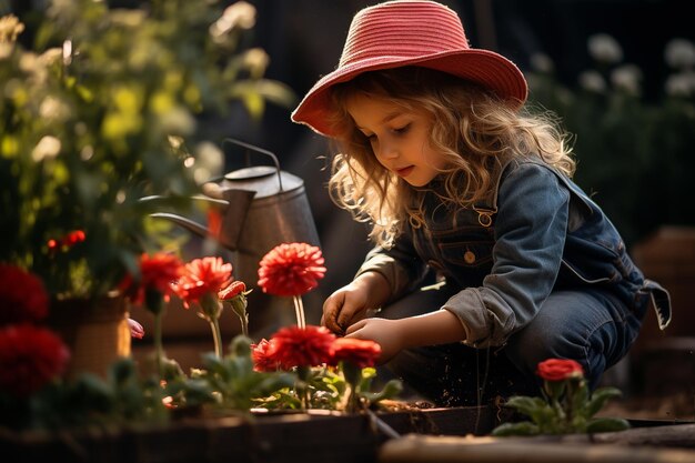 Een schattig blond meisje zorgt voor bloemen in de tuin.