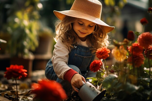 Foto een schattig blond meisje zorgt voor bloemen in de tuin.