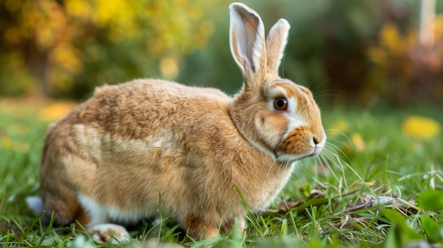 Een schattig bruin konijn zit in het weelderige groene gras met kleurrijke bloemen in de lente