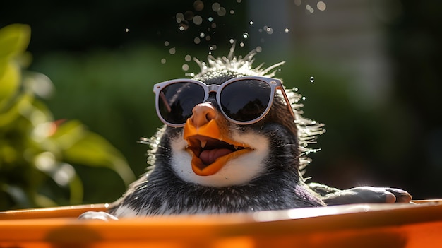 Een schattig dier met een zonnebril en zit in een hot tub met bubbels.