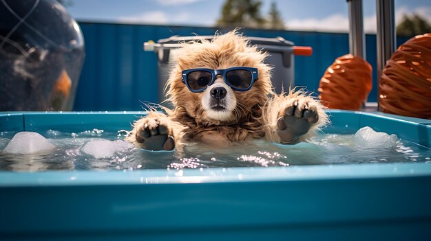 Een schattig dier met een zonnebril en zittend in een bubbelbad met bubbels