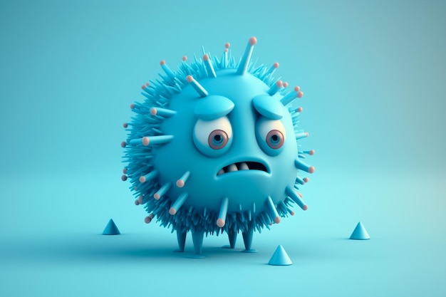 Een schattig en eigenzinnig blauw 3D-virus geïsoleerd op een blauwe achtergrond