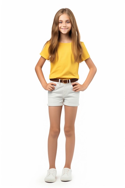 Een schattig en gelukkig meisje in gele kleren staat geïsoleerd op een witte achtergrond
