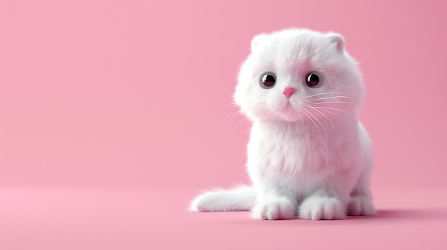 Een schattig en pluizige witte kitten zit op een roze achtergrond De kitten heeft grote ronde ogen en een roze neus